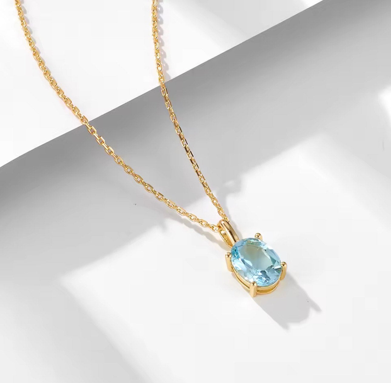 Natural Blue Topaz Pendant Necklace - 14K Gold Plated Sterling Silver
