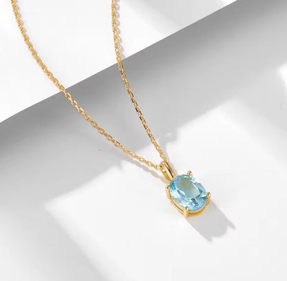 Natural Blue Topaz Pendant Necklace - 14K Gold Plated Sterling Silver