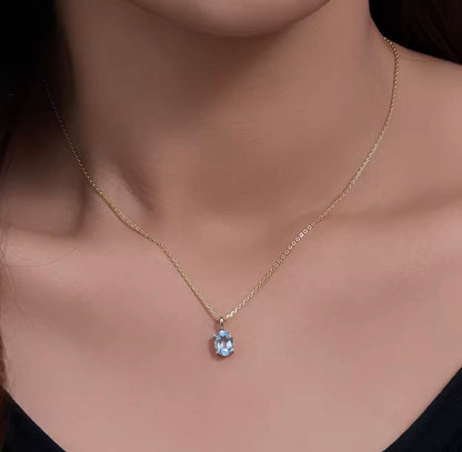 Natural Blue Topaz Pendant Necklace - 14K Gold Plated Sterling Silver