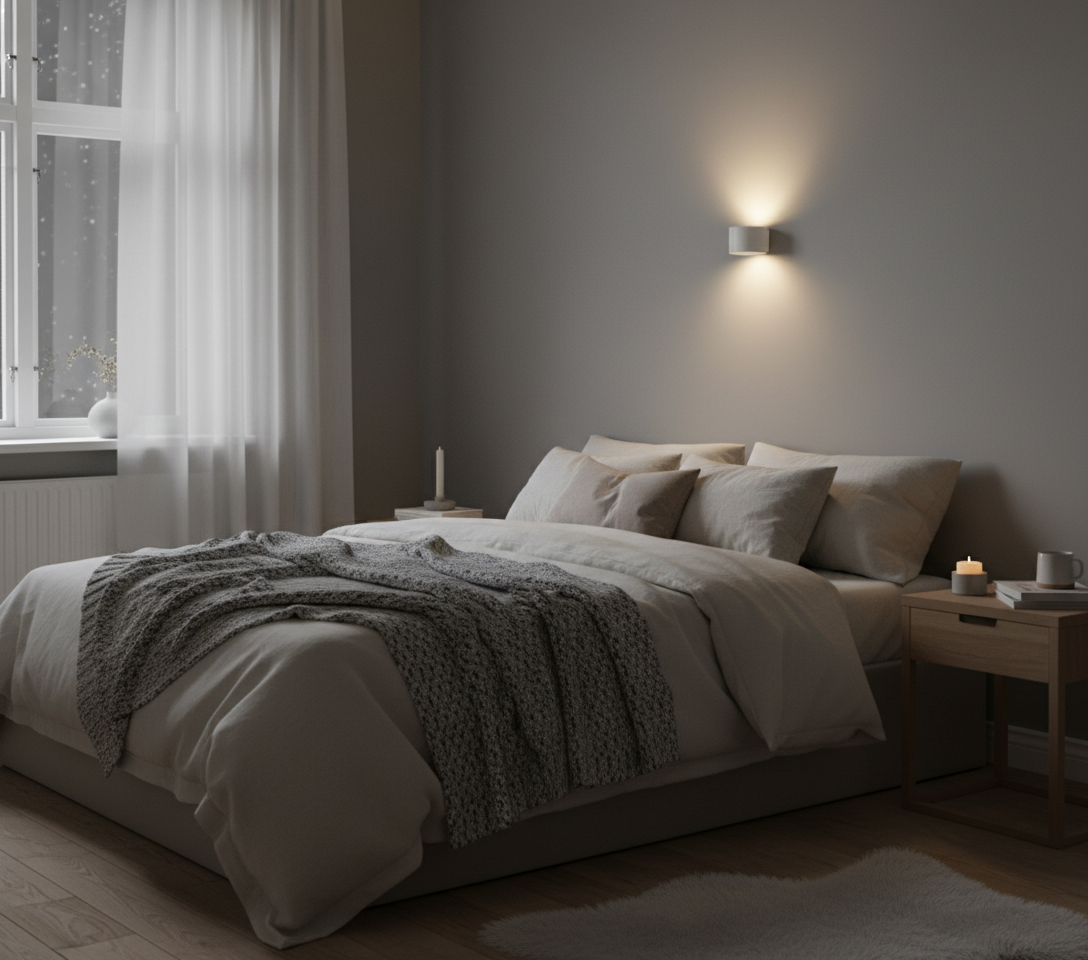 Mysig sovrumsbild med lampa på naturligt avstånd